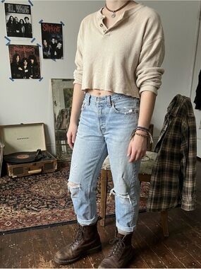 Vintage Recollections Women's Cropped Henley Top in Beige